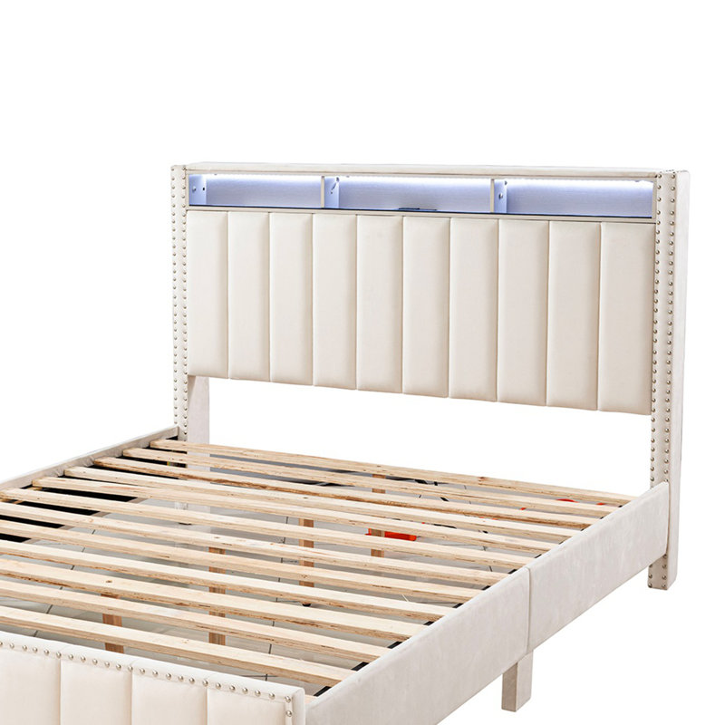 Bed Storage Shelve LED Channel Tufting, Beige, Queen