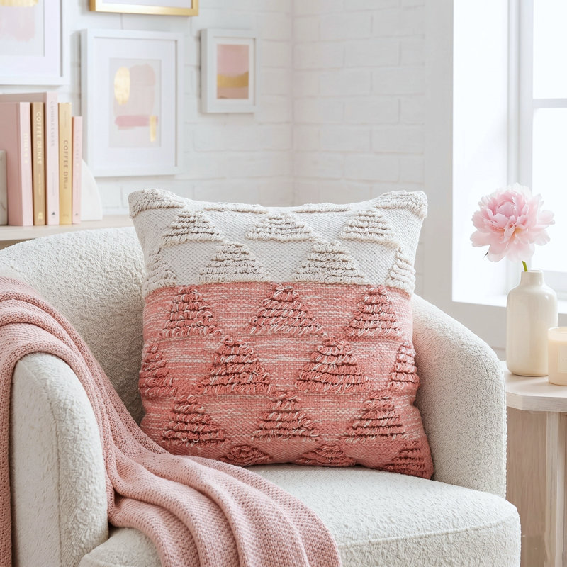 Housse de coussin décoratif contemporaine 100% coton texturé, 20 po x 20 po, Rose / blanc, Polyester/ bourre en polyester