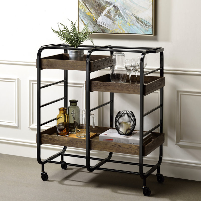 Modern Rectangular Kitchen Cart With 3 Adjustable Trays - Black And Walnut Carts Frame, Black/Brown