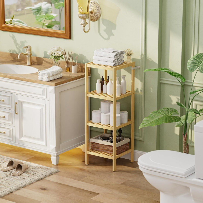 Natural Bathroom Storage Shelf, Bamboo Rack Organizer for Living Room Bedroom Kitchen (4-Tier)