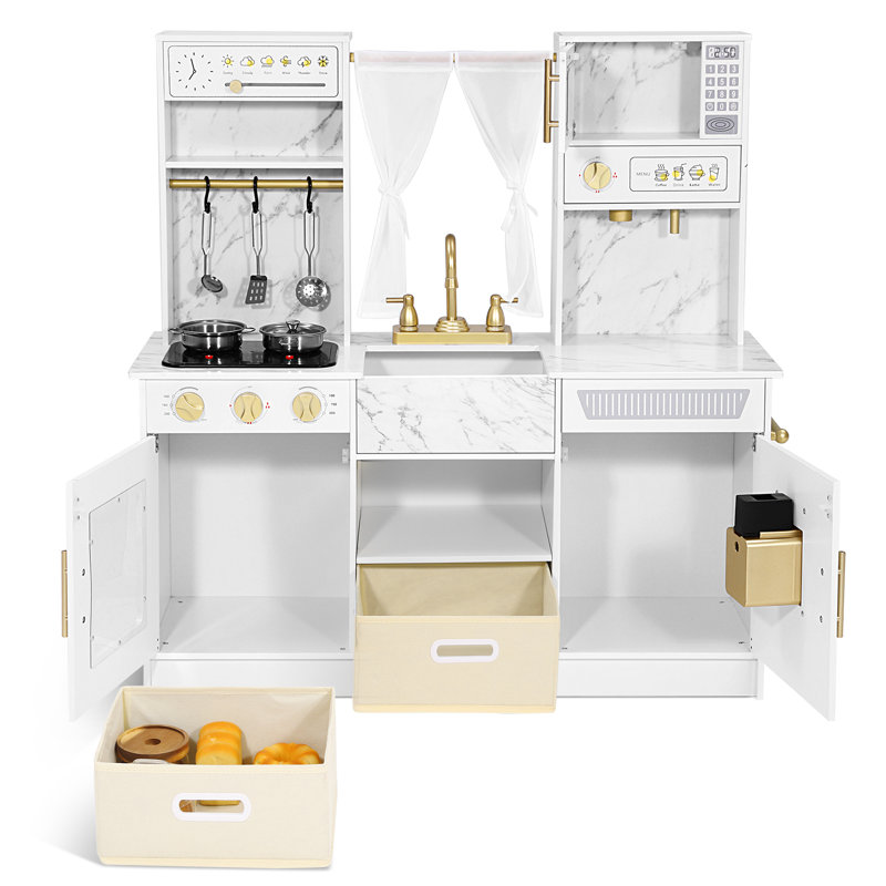 Joyldias Marble Wooden Kids Play Kitchen Toy With Removable Fabric Drawers, Toddler Kitchen Playset With Curtain