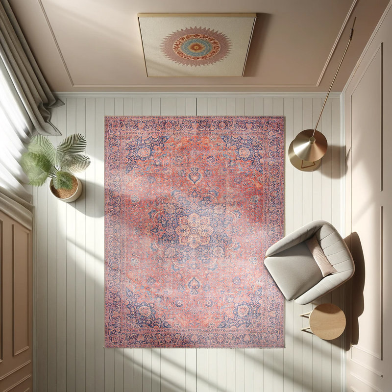 Tapis rouge à motif tissé rétro, Carré 5 pi