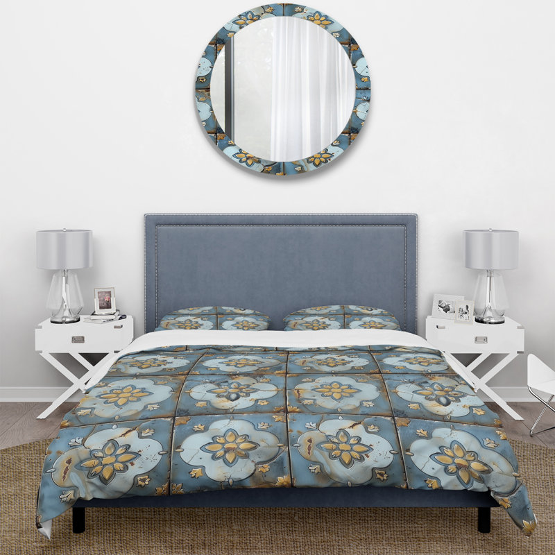 Ensemble de housse de couette à motif floral bleu et doré, King Duvet Cover + 2 King Pillow Shams