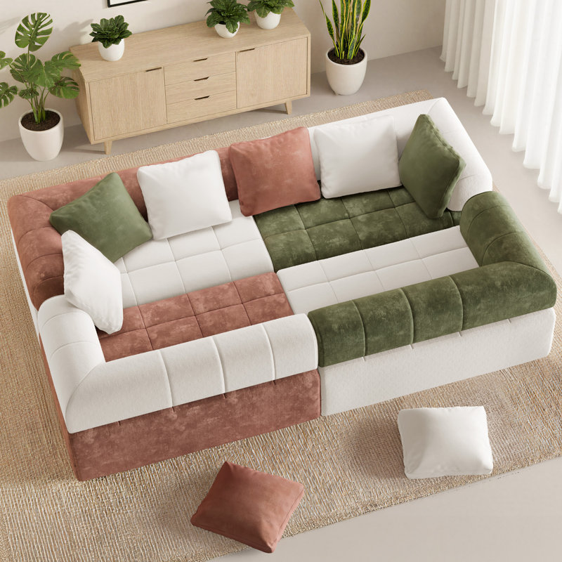 8-Seater Contemporary Chenille Upholstered Boneless Oversized Colorblock Modular Sofa With High-Resilience Compressed Foam