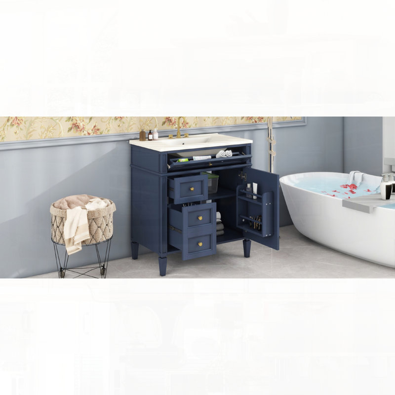 Meuble-lavabo moderne avec lavabo supérieur et tiroirs multi-types, Marine, Argent argent