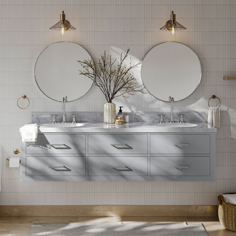 Ensemble de meuble-lavabo double mural 73 po Macmullin, Gris, Nickel brossé, Quartz blanc pur