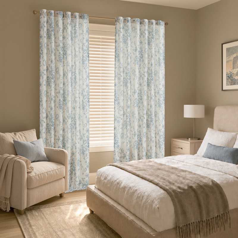 Neacsa Peony Floral Semi-Sheer Curtain Panel Pair , 50" W x 96" L, Blue