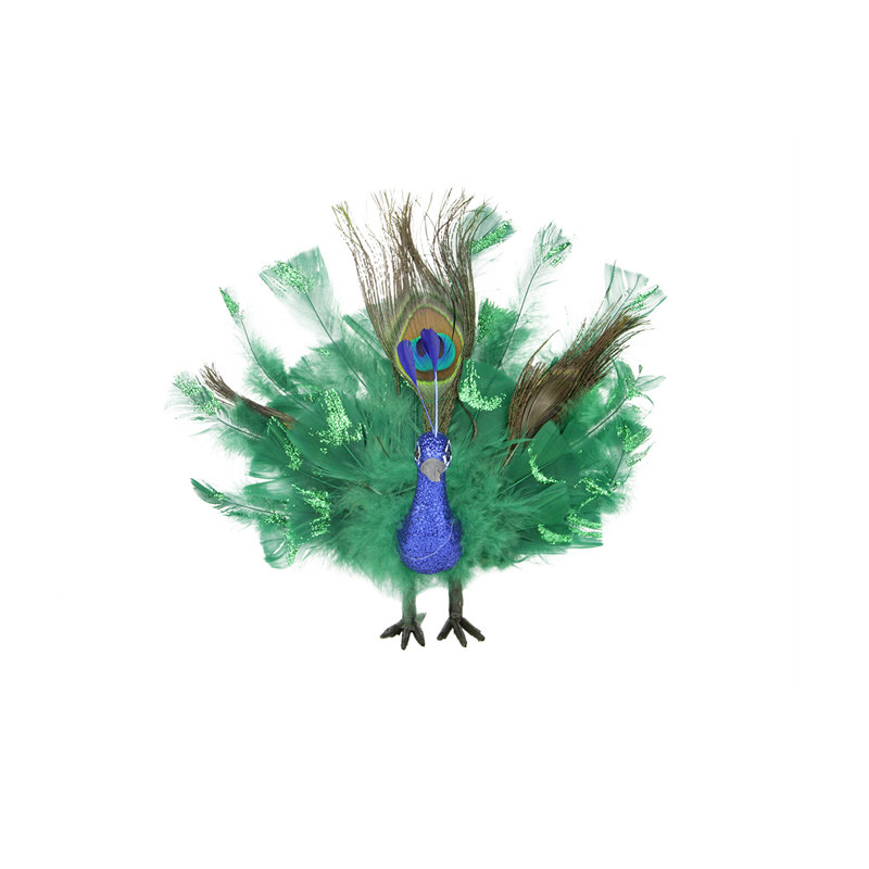 Décoration de Noël bleu et vert avec des plumes de la queue, H 7 po x l 7,5 po x P 2 po
