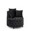 Fauteuil pivotant moderne en velours noir, avec accoudoirs à boutons et roulettes pour un confort optimal. Siège noir luxueux pour le salon.