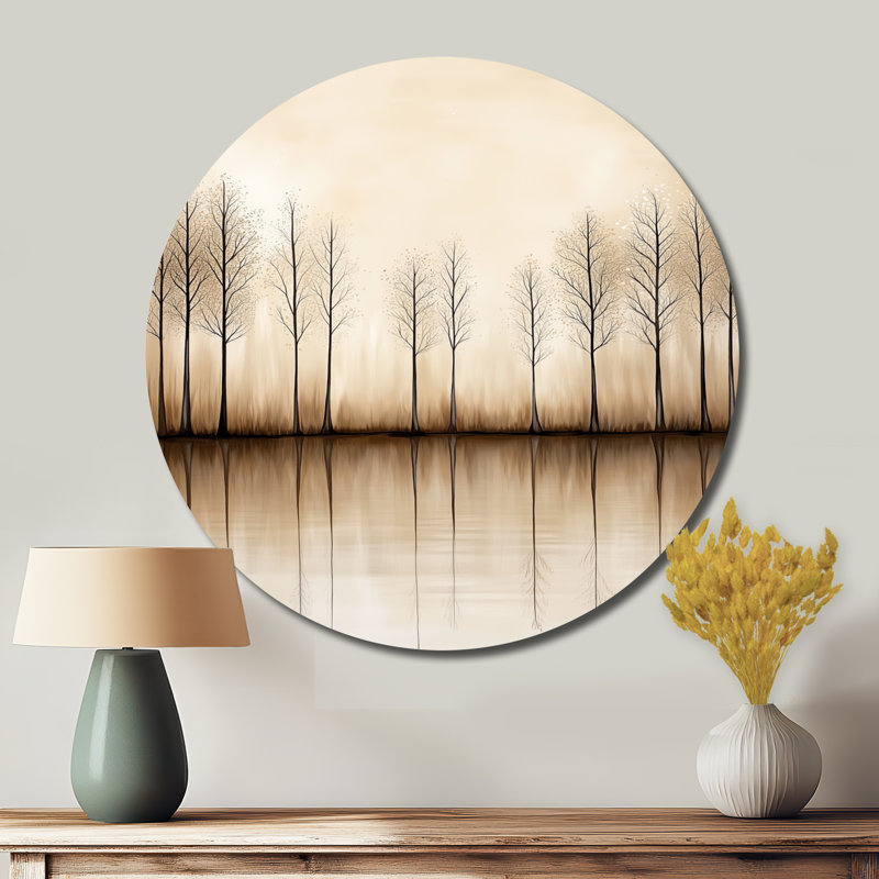 Forêt d'automne réfléchie sur un lac calme - Décoration murale ronde en métal, L 36 po x H 36 po