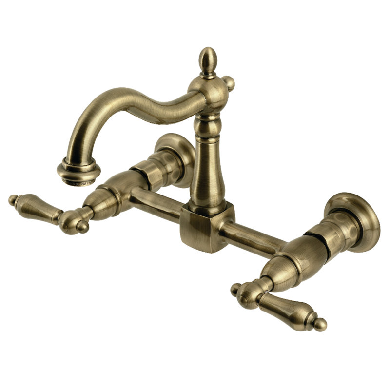 Kingston Brass Heritage Double-Handle 2-Hole Wall-Mount Bridge Kitchen Faucet, Antique Brass