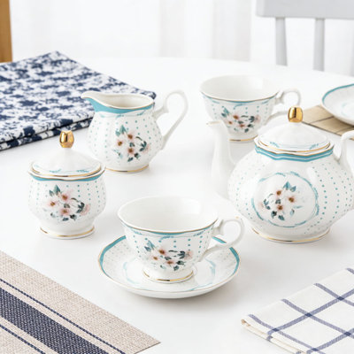 Royal Style Porcelain Tea Set With Gold Trim And Vintage White Camellia Polka Dots, 21-Piece Service For 6 Includes Teapot, Cups, Saucers, Spoons, Sugar Bowl, And Milk Jug