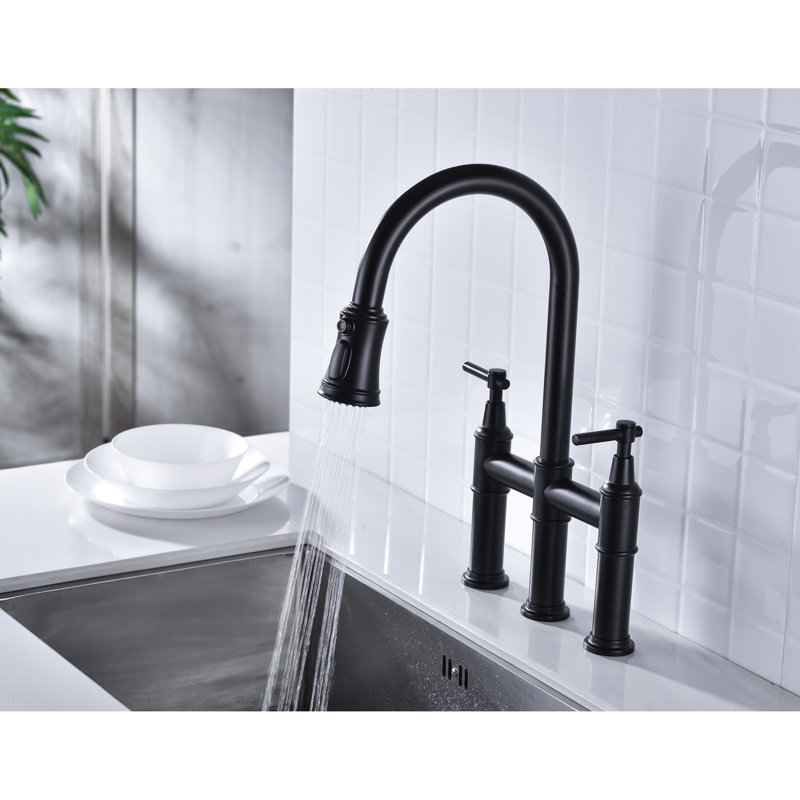 Matte Black Kitchen Faucet With Pull-Down Feature - Accurate Temperature & Flow Control, 360-Degree Swiveling Nozzle, Brass Dual Handle For Precise Adjustment, Rotating Strong
