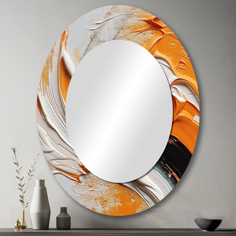 Orange And Black Mystic Spirals IV - Large Oval Wall Mirror On Metal, 43" x 33"