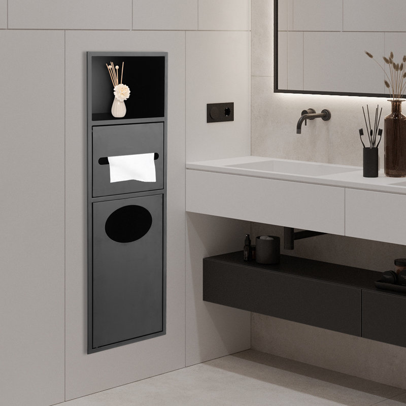 Bathroom Wall Niche, Bathroom Cabinet With Toilet Paper Holder And Trash Can, Black