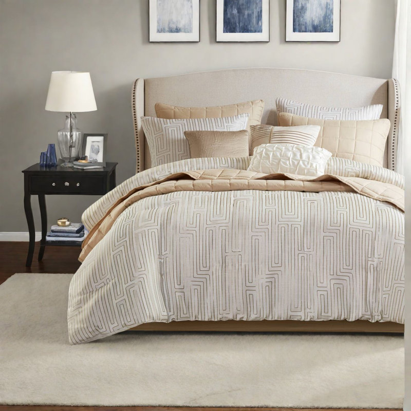 Luxury Jacquard Bedding Set, Polyester Ivory, Elegant Bedroom Comfort