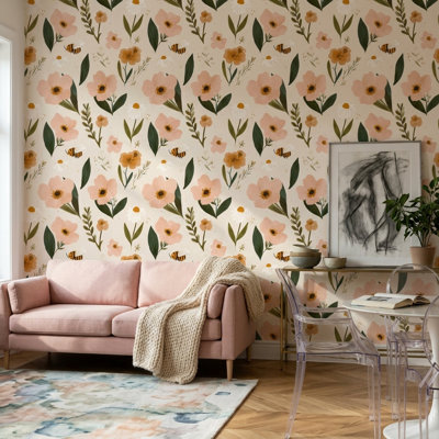 Papier peint botanique, fleurs sauvages