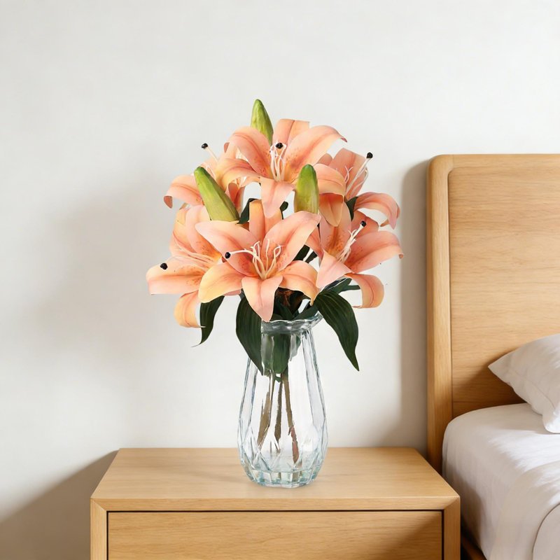 Faux fleurs de lys avec vase, 6 têtes de lys en pleine floraison et 3 bourgeons pour la maison, Jaune