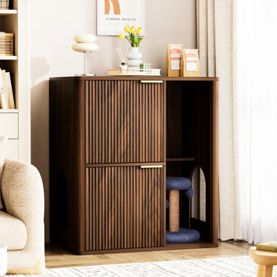 Walnut 31.5 - Inch Cat Litter Cabinet With A Tree, Dual Entry Doors, And Storage Shelf. It Hides Box In Mid Century Modern Design, Allows Cats To Enter Freely, Provides Cozy Scratching Resting Space.