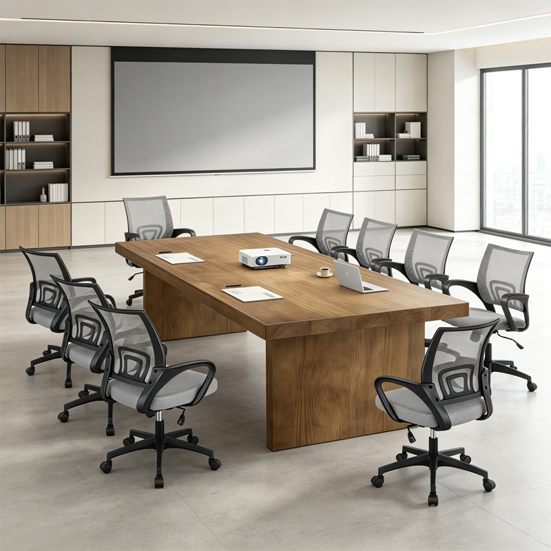 Ensemble de table de conférence 9 pièces en bois massif, table de réunion rectangulaire entièrement en bois massif avec 8 chaises de bureau ergonomiques en filet respirant