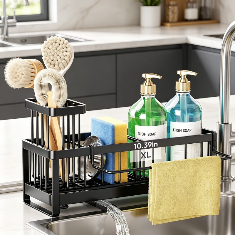 Porte-éponge pour évier de cuisine - Porte-évier à vidange automatique avec barre à serviettes amovible, porte-brosse et rangement divisé, organisateur de cuisine en acier inoxydable 304 pour comptoir, grand