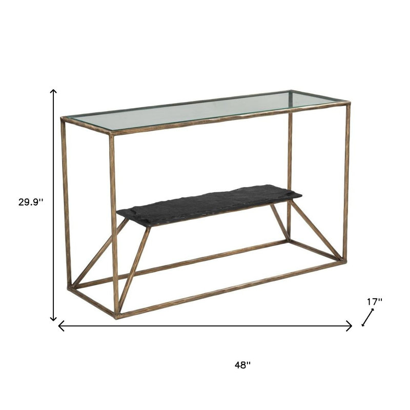 Console 48 po avec tablette en fer et en verre transparent et laiton