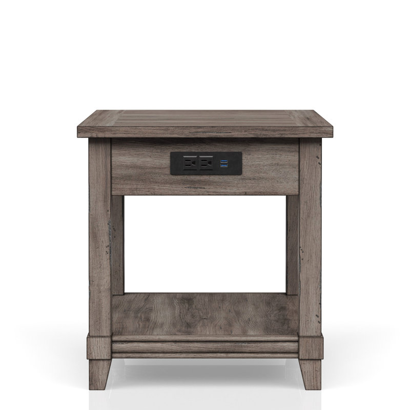 Table de bout en bois massif et gris avec tiroir de rangement et espace de chargement rustique
