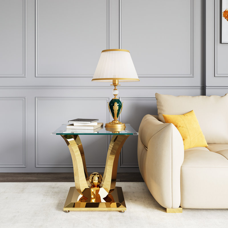 Glass Top End Table With Mirror Finish Stainless Steel Base, Gold