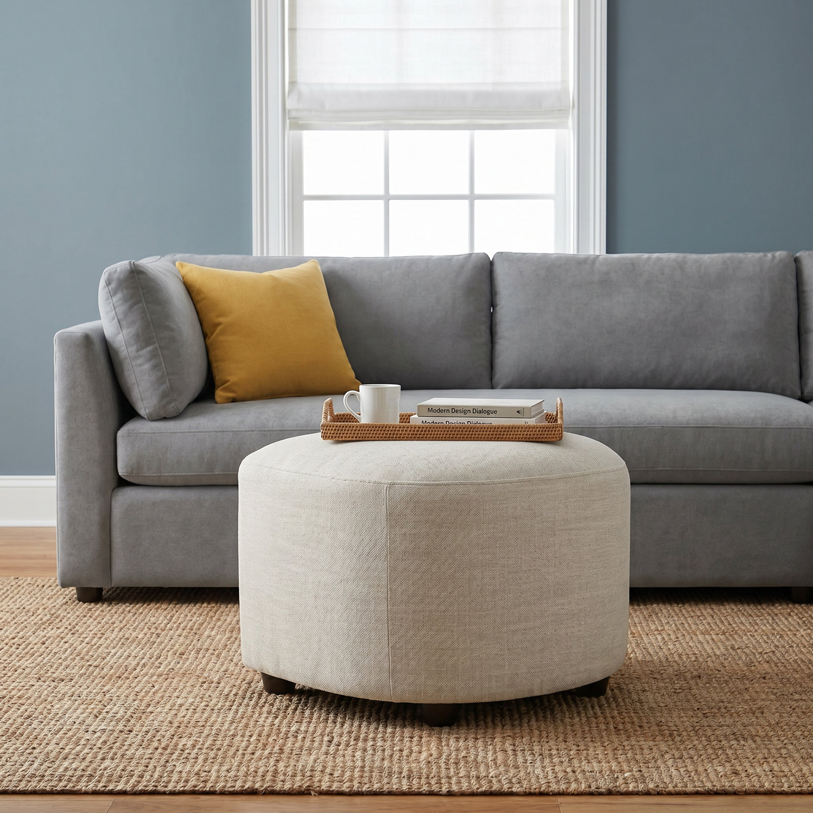 Bobbi 22" Cotton Upholstered Ottoman, Effie Linen Performance Weave