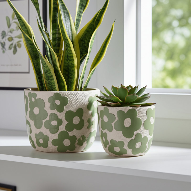 Two white planters with green flowers on them and plants inside