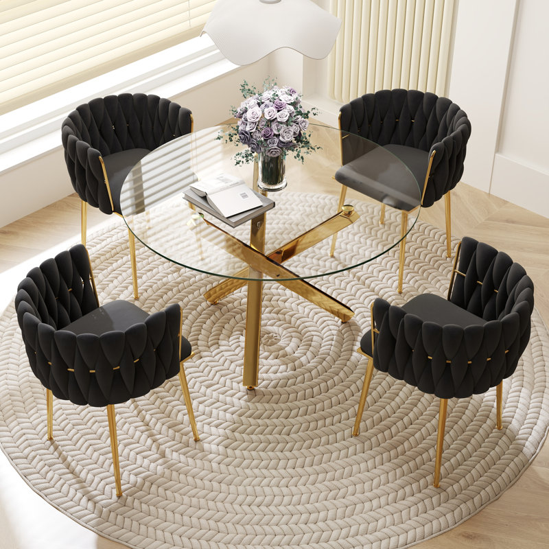 Ensemble de salle à manger Ayron, table de salle à manger avec pieds croisés et chaise de salle à manger en velours, Noir