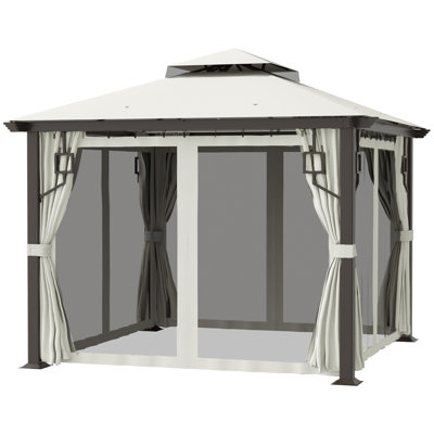 10' X 10' Patio Gazebo, Double Roof Outdoor Gazebo With Privacy Curtains, Mesh Netting, Aluminum Frame Outdoor Canopy Shelter, Cream White