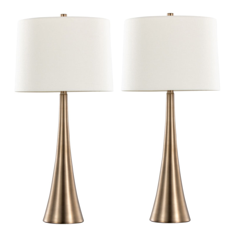 Lampe de table contemporaine 29 po en métal, bronze doré mat avec abat-jour en lin blanc, ensemble de 2