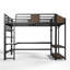 Lit mezzanine entièrement métallique avec bureau en forme de L, bande lumineuse DEL, ports USB, étagères de rangement et tringle à vêtements, noir et brun
