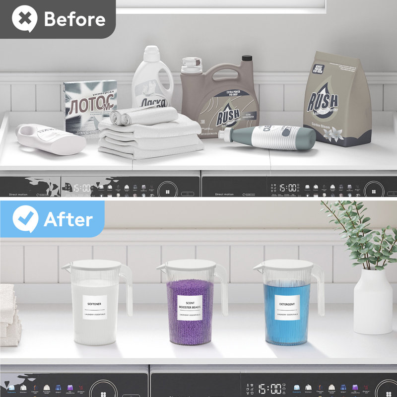 Distributeur de détergent à lessive en plastique avec poignée, contenants à détergent 51 oz avec couvercle anti-poussière entièrement couvert, 8 lables, adoucisseur, contenant à perles pour l'organisation de la salle de lavage, transparent, 2 paquets