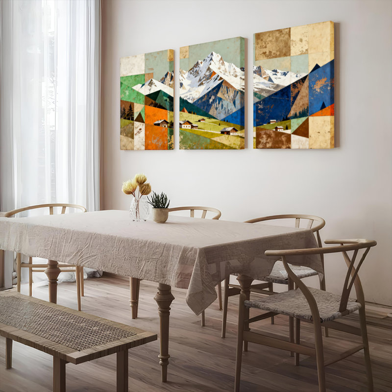 «Mountain Landscape Collage», ensemble de 3 reproductions géométriques abstraites sur toile tendue sur toile