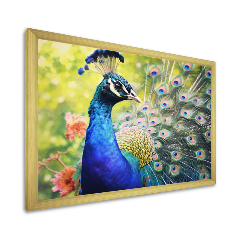 «Vibrant Peacock I» - art mural paon, H 16 po x l 32 po x P 1 po, Cadre doré à une seule photo