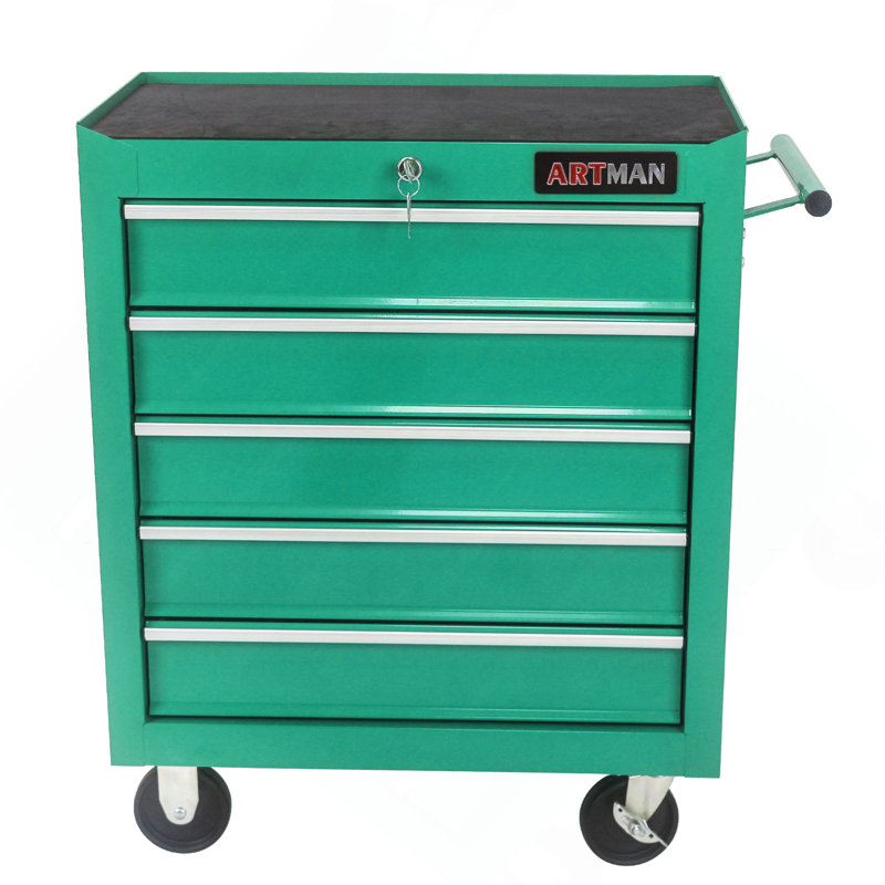Coffre à outils à 5 tiroirs, armoire de rangement pour outils pour le garage avec 4 roues et système de verrouillage, vert