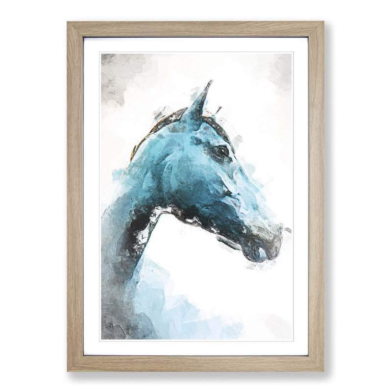 Steel Blue Horse in Abstract - Picture Frame Painting Print on MDF, 65cm H x 48cm W x 2cm D, Oak Framed