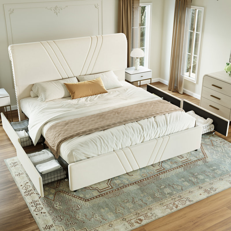 Upholstered King Bed Frame with 4 Storage Drawers and 51" Tall Velvet Headboard,No Box Spring Needed,Easy Assembly, Beige
