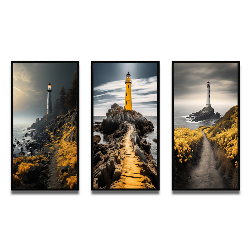 «Coastal Sky Misty Horizon», 3 pièces, Cadre noir, H 40 po x l 60 po