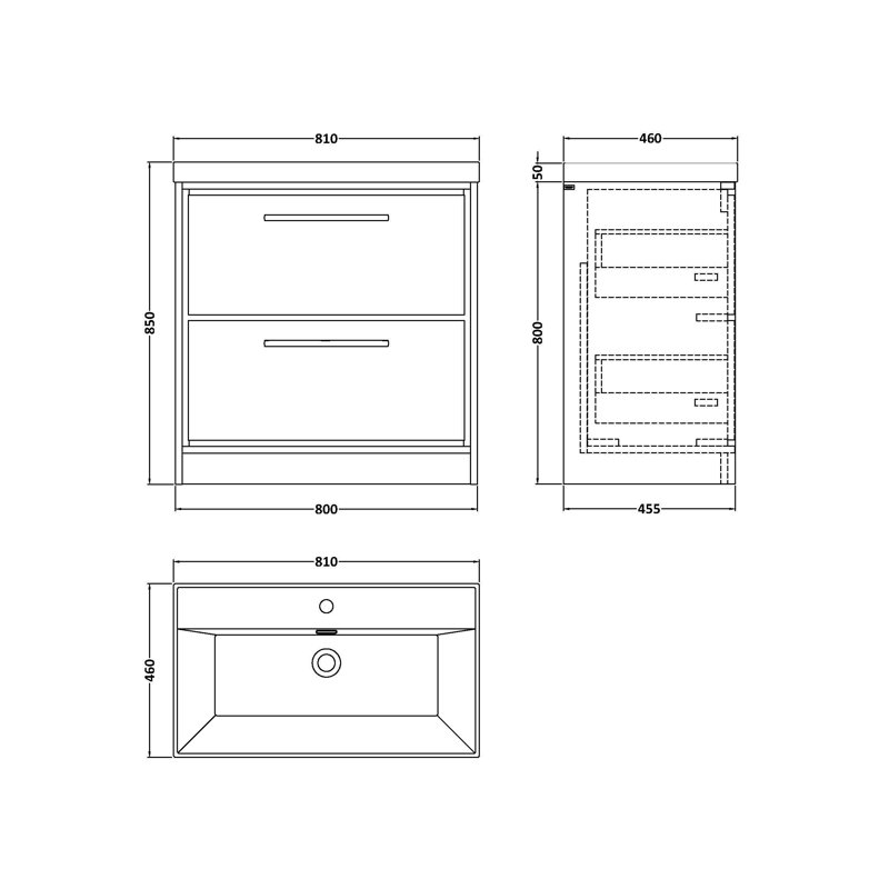Hudson Reed Lille 600mm Graphite Grey Woodgrain 2 Drawer  Floor Standing Vanity Unit With 1 Tap Hole Basin, Bleached Oak