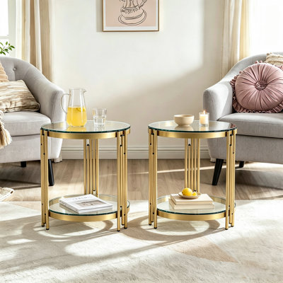 Table d'appoint à 2 niveaux avec tablettes de rangement, table de bout en verre de style moderne pour le salon, chambre à coucher (ensemble de 2)