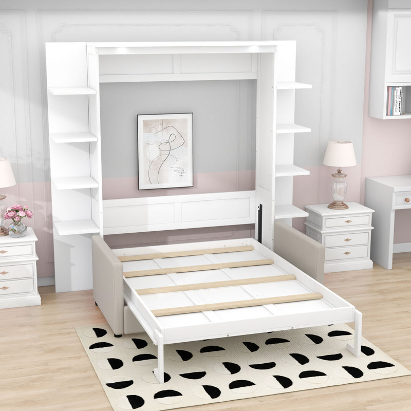 Grand lit escamotable en bois avec canapé, Blanc