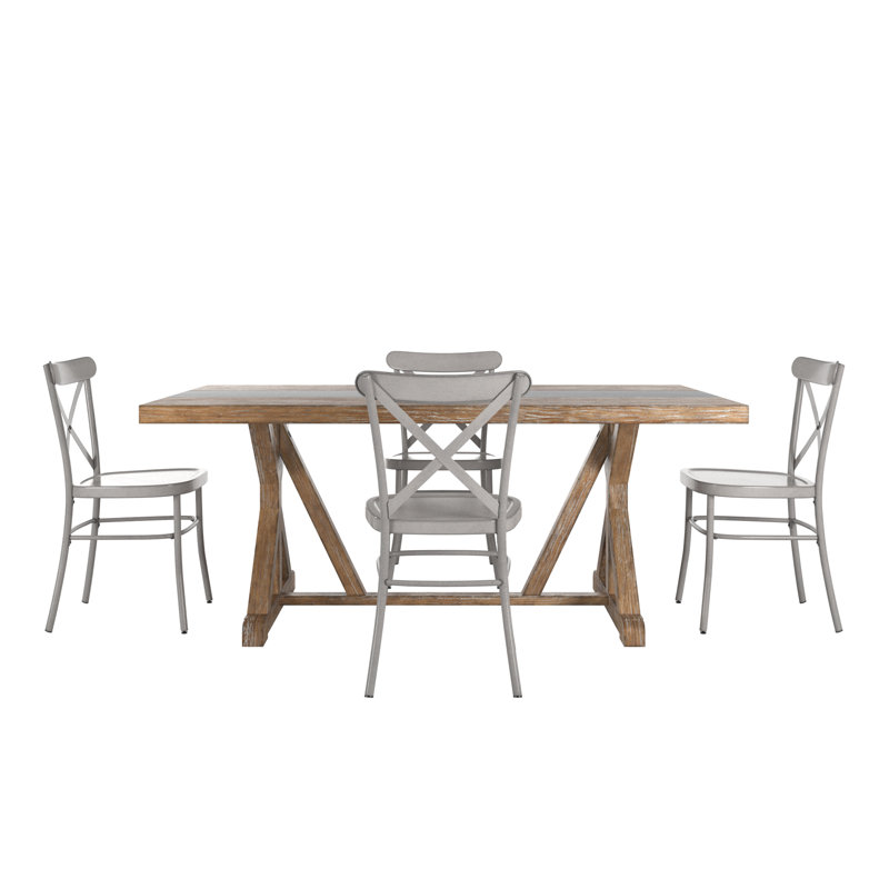 Cann Rustic Pine Frame Concrete Veneer Top Dining Table Set - Stripe Concrete Veneer Top Table And 4 Chairs, Gray