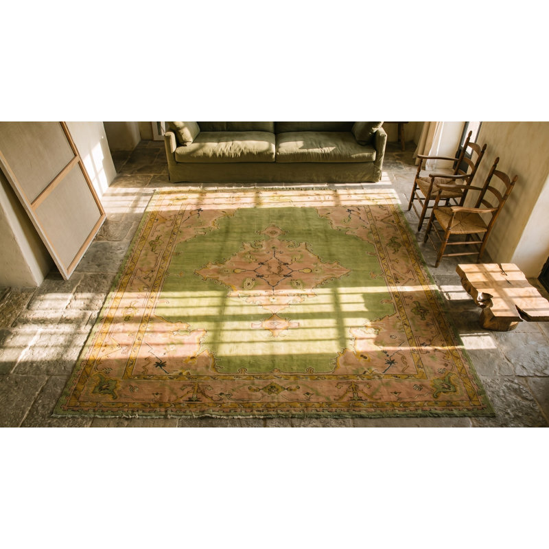 Soft Green Background Tribal Medallion Design Square Antique Turkish Oushak Rug