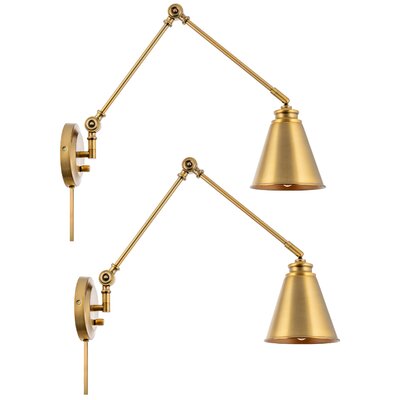 Beldane 18 Vintage Industrial Swing Arm Wall Lamp - Plug In/Wall Mount + Cord Covers, Warm Brass Finish, 2-Pack -  Rosdorf Park, 23B2172885E74584810CCDA7842B8C11