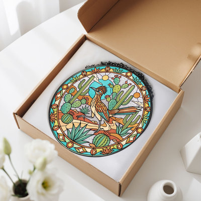 Desert Roadrunner Stained Glass Window Panel，7.8H