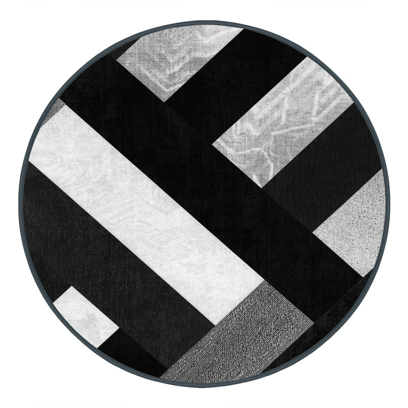 Tapis géométrique noir et moderne lavable à la machine Penola, 6 po de diamètre