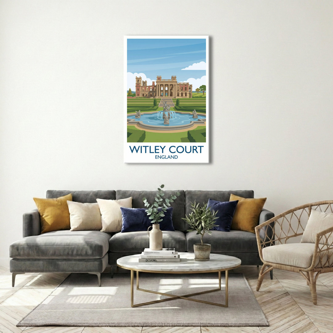 Witley Court, England - Romantic Ruins and Fountain Gardens Travel Poster. Giclee Print on Wrapped Canvas. Wall Art, Home Decor - Castles & Palaces, E